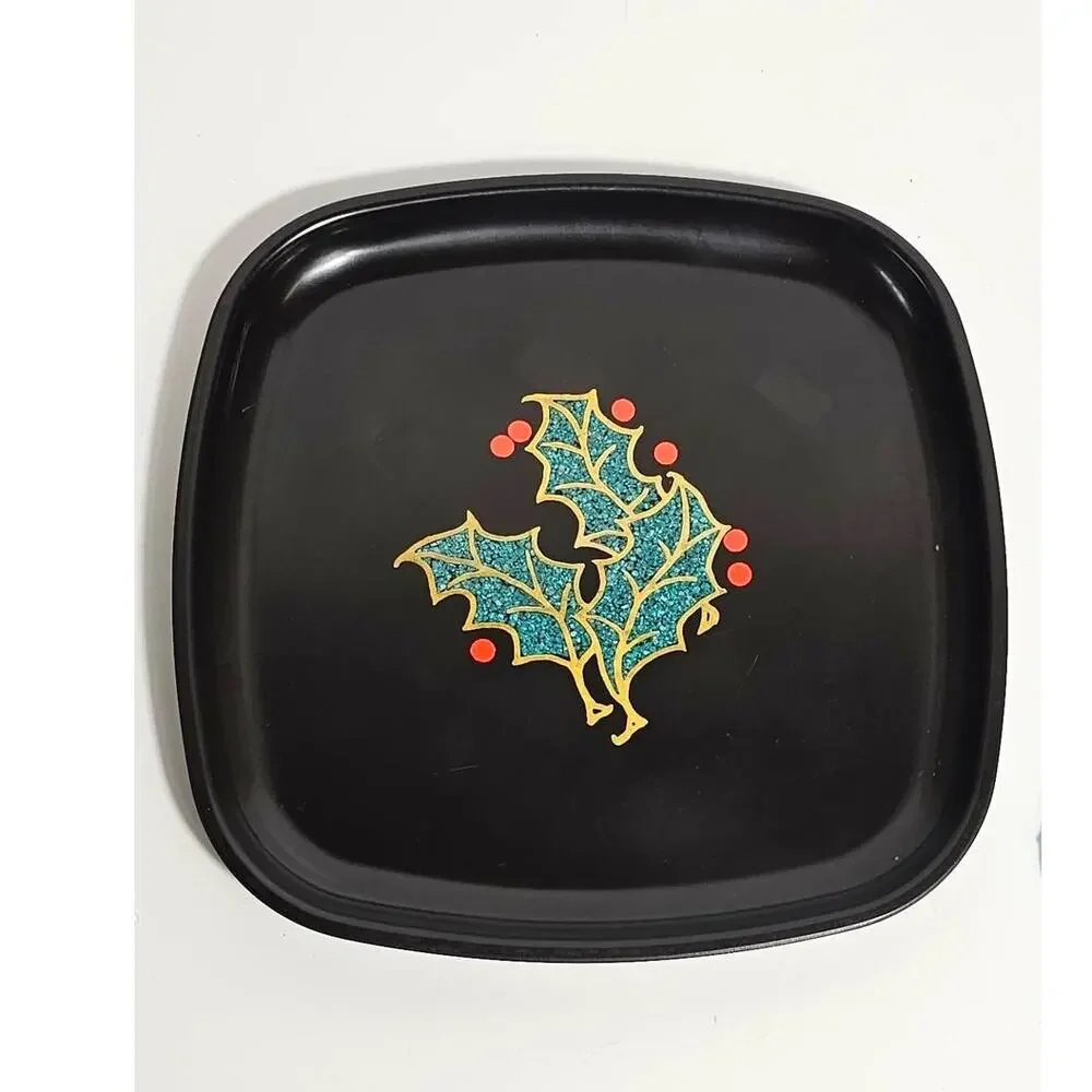 Vintage Christmas Couroc of Monterey Holly Square Tray Serving 1960’s